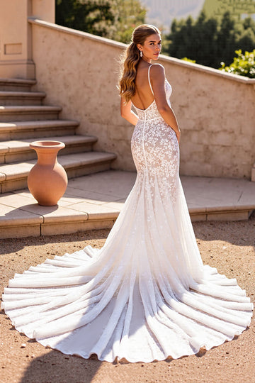 Mermaid Lace Ivory Spaghetti Straps Wedding Dress
